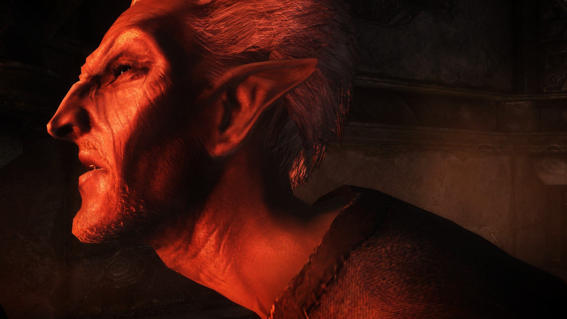 HD PC desktop wallpaper featuring a detailed elf character from the video game The Elder Scrolls V: Skyrim, highlighted in warm, dramatic lighting.