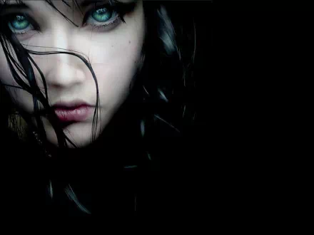 HD desktop wallpaper featuring a close-up, mysterious image of a woman's face with piercing eyes and dark hair, set against a black background.