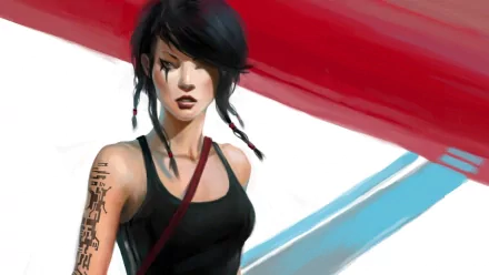 HD PC desktop wallpaper featuring a stylized female character from the video game Mirror's Edge with bold red and blue diagonal streaks in the background.