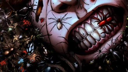 HD PC desktop wallpaper featuring a dark Grimm Fairy Tales comic scene with a close-up of a grimacing face surrounded by detailed, creepy spiders and insects.