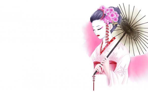 Artístico Oriental Geisha Kimono Patrón Blanco Flor Paraguas Fondo de pantalla HD | Fondo de Escritorio