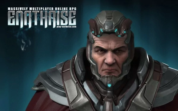 HD PC desktop wallpaper/background: stern armored sci-fi commander from the video game Earthrise, close-up portrait with glowing teal accents and the game logo.