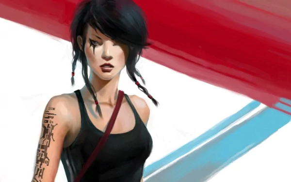 HD PC desktop wallpaper featuring a stylized female character from the video game Mirror's Edge with bold red and blue diagonal streaks in the background.