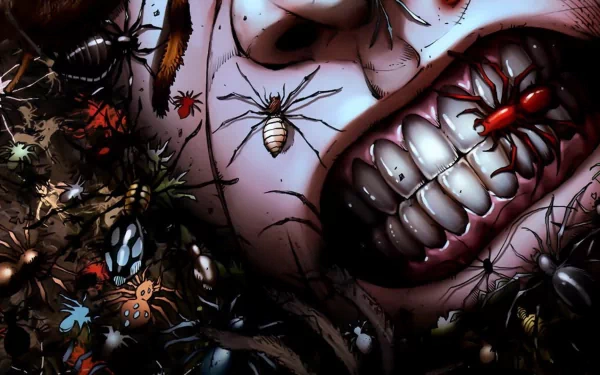 HD PC desktop wallpaper featuring a dark Grimm Fairy Tales comic scene with a close-up of a grimacing face surrounded by detailed, creepy spiders and insects.