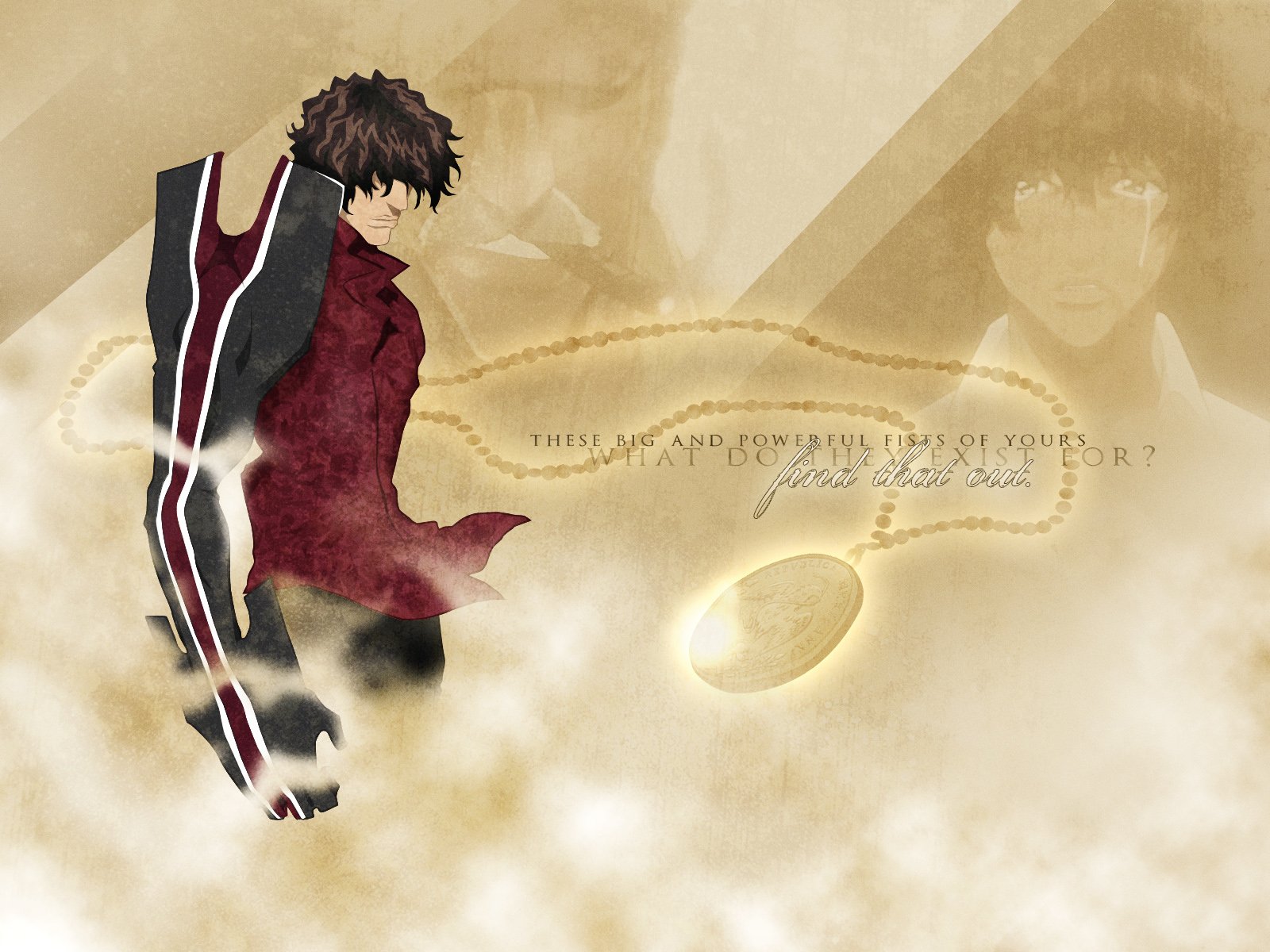 HD PC desktop wallpaper featuring Yasutora Sado from the anime Bleach with a smoky, beige background and stylized text.