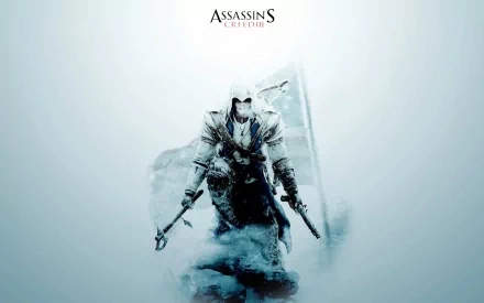 HD wallpaper featuring Connor from Assassin's Creed III, showcasing the iconic character in a dynamic pose against a light background, embodying the essence of the video game.
