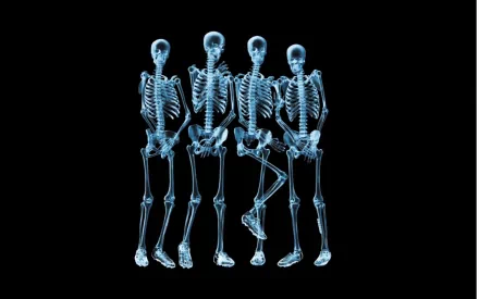 HD PC desktop wallpaper of four blue-tinted skeletons striking a playful, funny group pose on a black background.