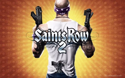 HD PC desktop wallpaper featuring a character from the video game Saints Row 2 holding two guns with the game title prominently displayed.