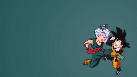 Goten and Trunks from Dragon Ball Z engage in playful action in this vibrant HD anime wallpaper, showcasing their energetic personalities and camaraderie.