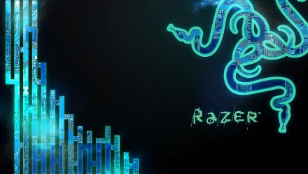 HD desktop wallpaper featuring Razer's iconic logo with a futuristic design, blending technology elements in vibrant blue tones against a dark background.