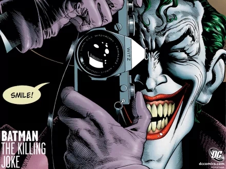 A vibrant HD wallpaper featuring the Joker from Batman: The Killing Joke, capturing his sinister smile as he holds a camera, inviting intrigue with the word SMILE!