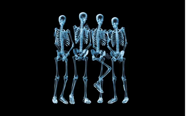 HD PC desktop wallpaper of four blue-tinted skeletons striking a playful, funny group pose on a black background.