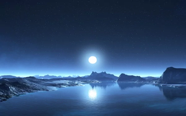 A sci-fi HD wallpaper of a cold, blue-hued landscape features a tranquil lake set among mountains under a moonrise, reflecting the light on an alien planet.