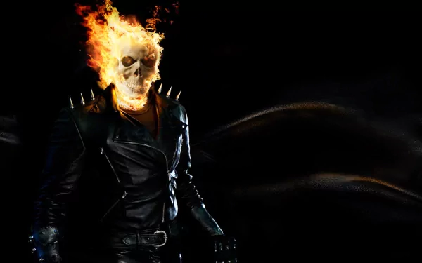 A striking HD wallpaper featuring Johnny Blaze as Ghost Rider, depicted with a flaming skull and wearing a spiked leather outfit, set against a dark background.