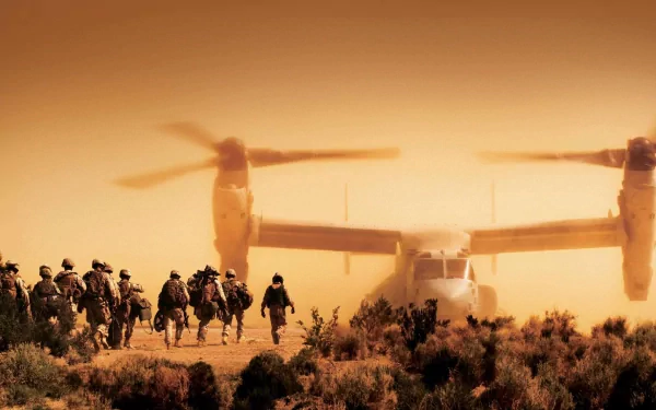 HD desktop wallpaper featuring a military Bell Boeing V-22 Osprey helicopter flying over soldiers walking through a desert landscape at sunset.