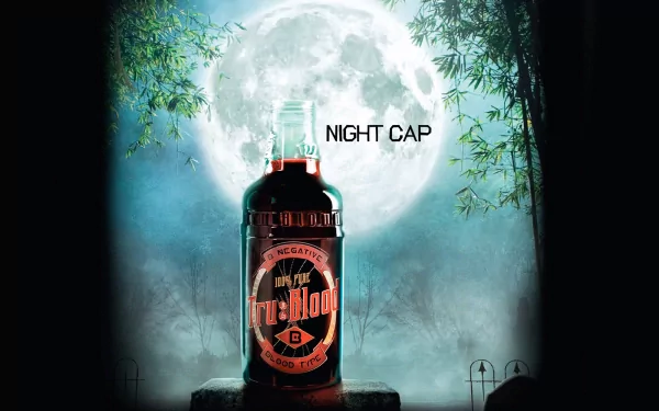 A dramatic HD wallpaper featuring a bottle labeled True Blood against a full moon backdrop, with the text NIGHT CAP, evoking the mysterious atmosphere of the TV show.