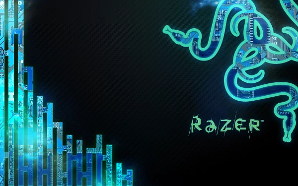 HD desktop wallpaper featuring Razer's iconic logo with a futuristic design, blending technology elements in vibrant blue tones against a dark background.