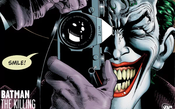 A vibrant HD wallpaper featuring the Joker from Batman: The Killing Joke, capturing his sinister smile as he holds a camera, inviting intrigue with the word SMILE!