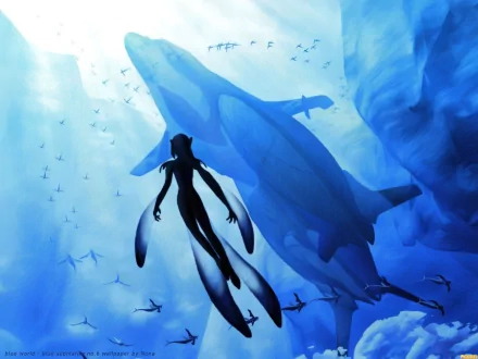 An HD desktop wallpaper from the anime Blue Submarine No. 6, featuring a diver and massive aquatic creatures in a serene blue underwater scene.