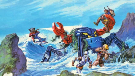 HD PC desktop wallpaper featuring a dynamic battle scene from the TV show He-Man and the Masters of the Universe with heroes fighting a giant mechanical crab.