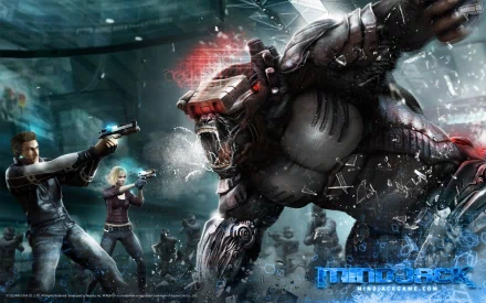 HD PC desktop wallpaper for the video game Mindjack: a massive cybernetic creature lunges at armed agents amid shattered glass in a dark, rainy sci‑fi cityscape.