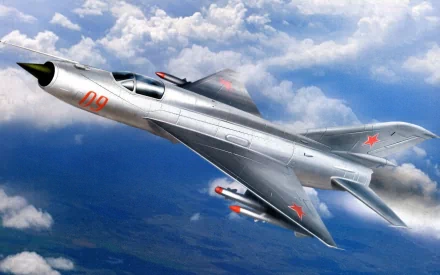 HD PC desktop wallpaper featuring a sleek military aircraft soaring through a partly cloudy sky, marked with red stars and the number 09 on its fuselage.