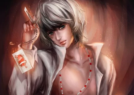 HD anime-style Death Note desktop wallpaper featuring a detailed close-up of a character with white hair holding a card, set against a warm, glowing background.