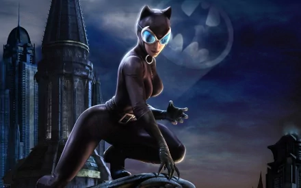 HD wallpaper featuring Catwoman from the DC Universe Online, poised on a rooftop with Gotham City’s skyline in the background and the iconic Bat symbol illuminating the night sky.