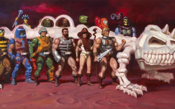 4K Ultra HD PC desktop wallpaper from the He-Man and the Masters of the Universe TV show: heroes and villains lined up beside a giant skeletal beast on a crimson alien landscape.