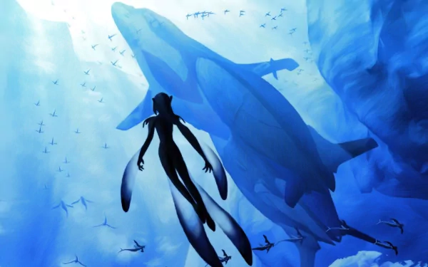 An HD desktop wallpaper from the anime Blue Submarine No. 6, featuring a diver and massive aquatic creatures in a serene blue underwater scene.