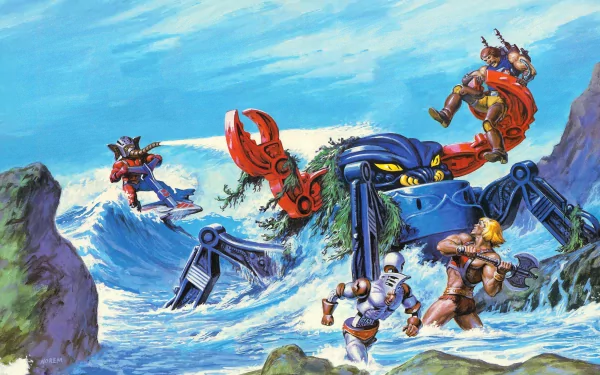 HD PC desktop wallpaper featuring a dynamic battle scene from the TV show He-Man and the Masters of the Universe with heroes fighting a giant mechanical crab.
