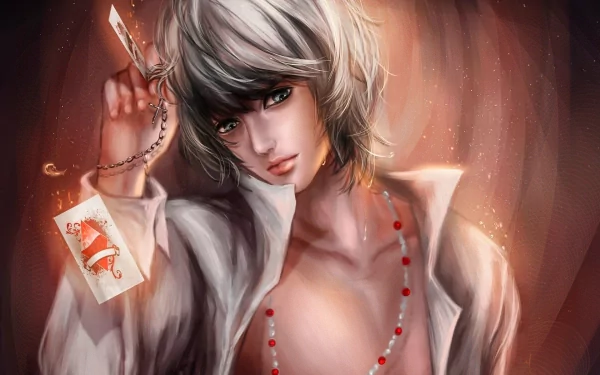 HD anime-style Death Note desktop wallpaper featuring a detailed close-up of a character with white hair holding a card, set against a warm, glowing background.
