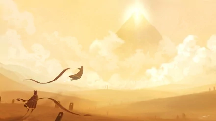 An expansive, serene landscape from a video game journey, showcasing a distant pyramid glowing in the sunlight, with figures exploring the vast, sandy terrain. HD desktop wallpaper.
