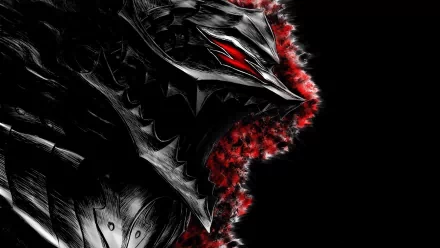HD desktop wallpaper featuring a dark, intense image from the anime Berserk, showcasing a character with ominous red eyes and sharp, metallic features against a dark background with red accents.
