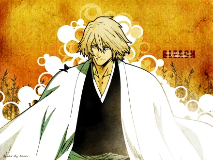 HD PC desktop wallpaper of Kisuke Urahara from the anime Bleach, smiling in a white haori against an orange, floral-patterned background.