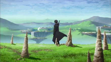 Anime HD wallpaper featuring Kirito from Sword Art Online, standing in a vast, green landscape with unique rock formations and a futuristic city in the background.