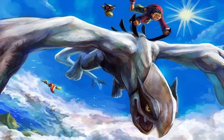 A dynamic scene featuring legendary Pokémon Lugia and Ho-oh, alongside Hoothoot, set against a vibrant sky, inspired by Pokémon: Gold and Silver. Ideal HD wallpaper for fans.