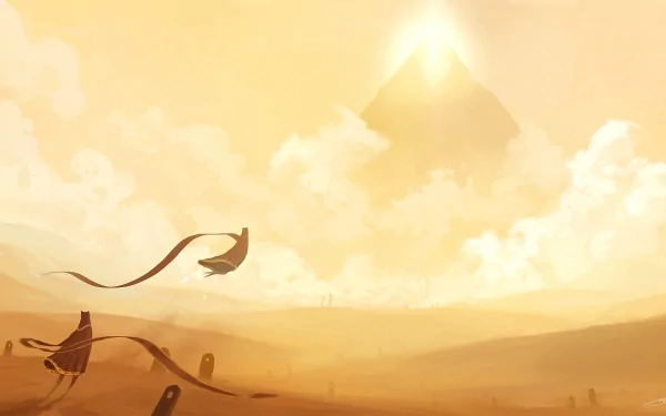 An expansive, serene landscape from a video game journey, showcasing a distant pyramid glowing in the sunlight, with figures exploring the vast, sandy terrain. HD desktop wallpaper.
