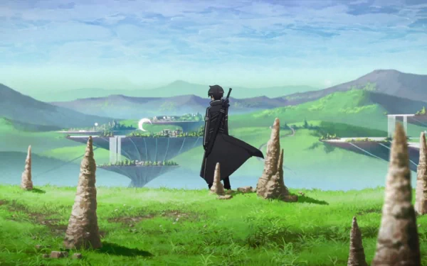 Anime HD wallpaper featuring Kirito from Sword Art Online, standing in a vast, green landscape with unique rock formations and a futuristic city in the background.
