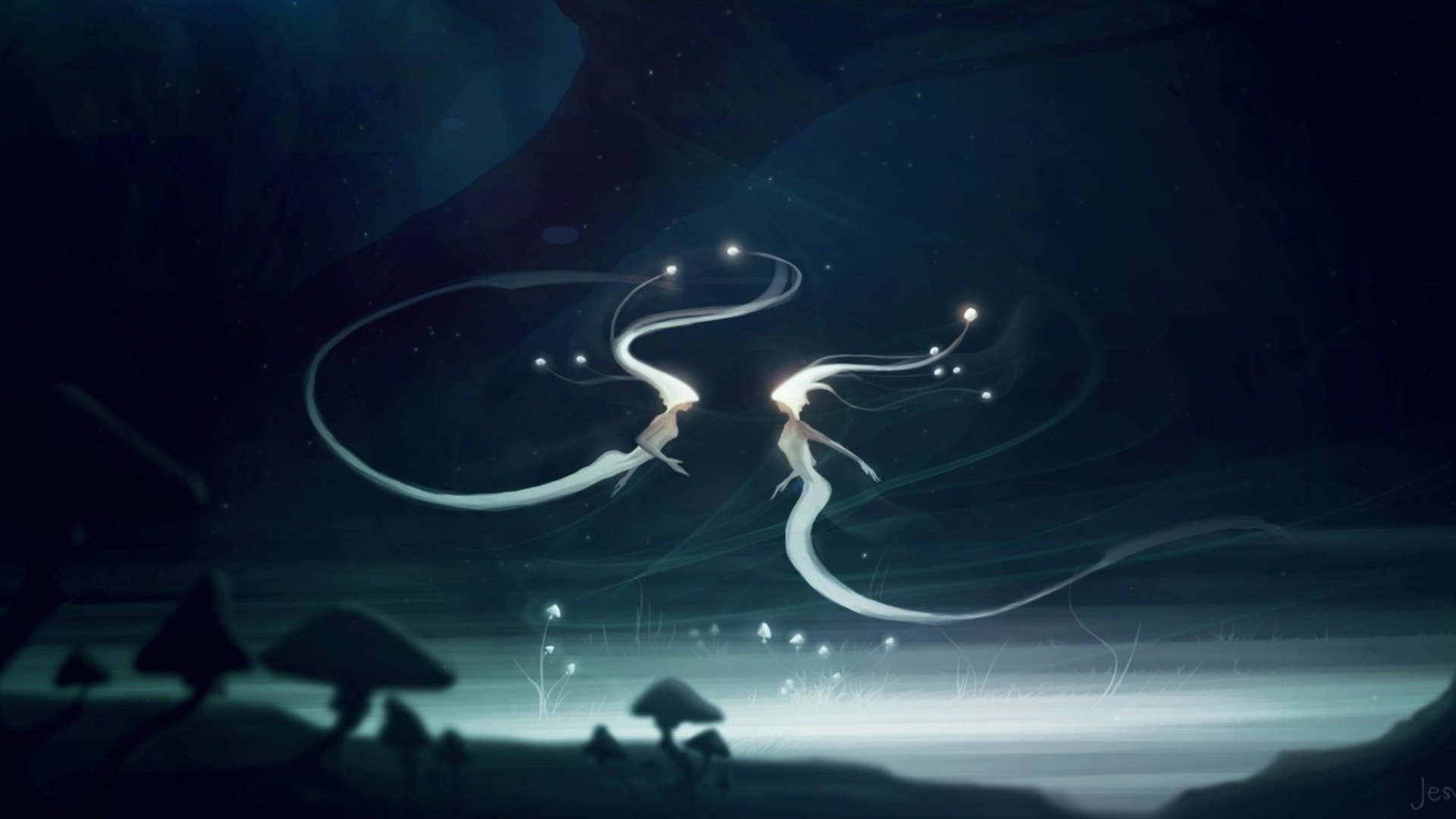 Fantasy-themed HD PC desktop wallpaper featuring two glowing, ethereal dragon-like creatures swirling in a dark, misty landscape with silhouetted mushrooms.