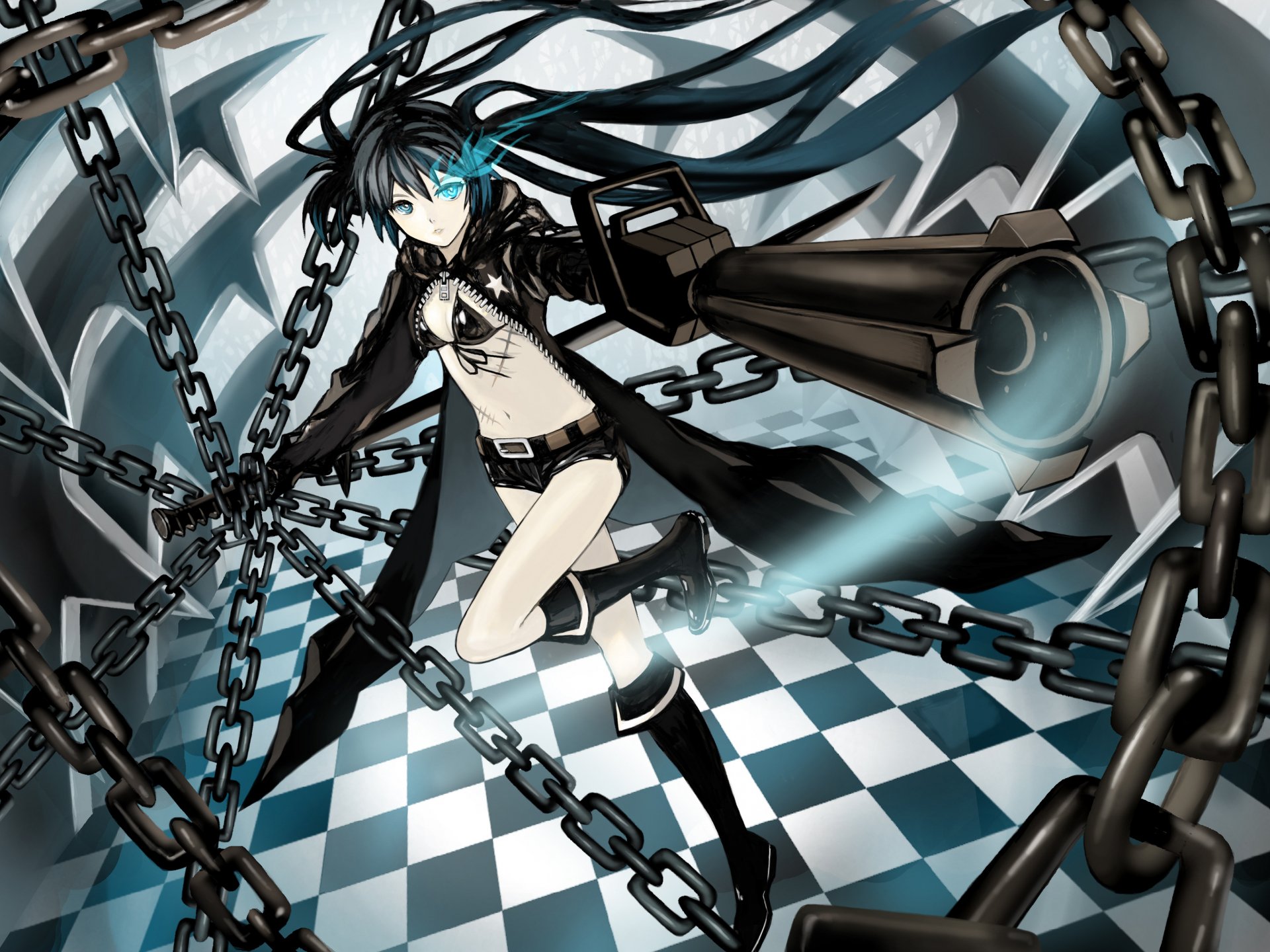 Anime Black Rock Shooter posing with glowing blue eye, flowing coat and giant cannon amid swirling chains over a checkerboard floor — 4K Ultra HD PC desktop wallpaper/background.