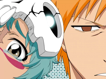 Close-up HD PC desktop wallpaper of Bleach anime characters Ichigo Kurosaki and Nel Tu, split-frame with Ichigo's stern gaze and Nel's playful masked face.