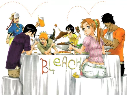 A vibrant HD wallpaper featuring characters Yasutora Sado, Orihime Inoue, Rukia Kuchiki, Uryu Ishida, Renji Abarai, and Ichigo Kurosaki from the anime Bleach enjoying a festive meal.
