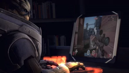 Garrus Vakarian (Mass Effect video game) watching combat on a PC monitor — HD PC desktop wallpaper and background with moody sci‑fi lighting.