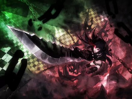 A dynamic 4K Ultra HD wallpaper featuring Black Gold Saw from the anime Black Rock Shooter, wielding a large, metallic sword amidst a dramatic, colorful background.