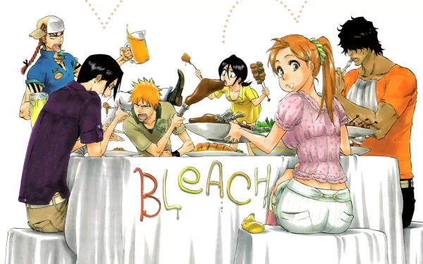 A vibrant HD wallpaper featuring characters Yasutora Sado, Orihime Inoue, Rukia Kuchiki, Uryu Ishida, Renji Abarai, and Ichigo Kurosaki from the anime Bleach enjoying a festive meal.