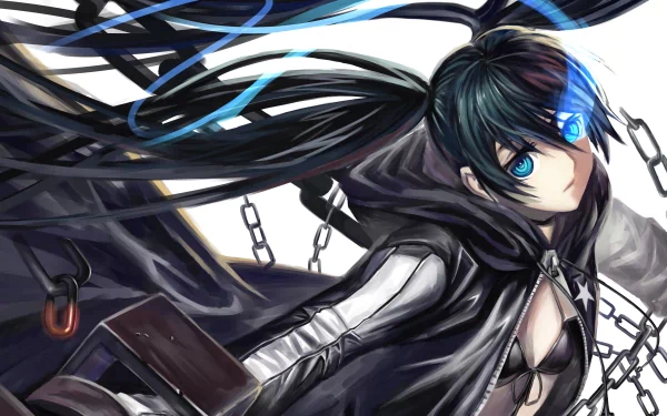 4K Ultra HD anime wallpaper featuring Black Rock Shooter with striking blue eyes, flowing black hair, and chains set against a dynamic, high-contrast background.
