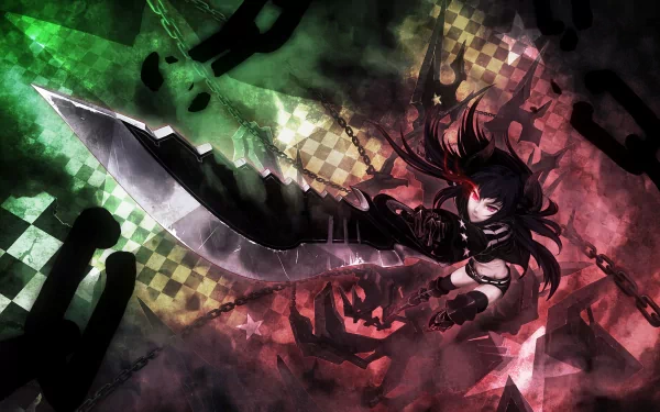 A dynamic 4K Ultra HD wallpaper featuring Black Gold Saw from the anime Black Rock Shooter, wielding a large, metallic sword amidst a dramatic, colorful background.