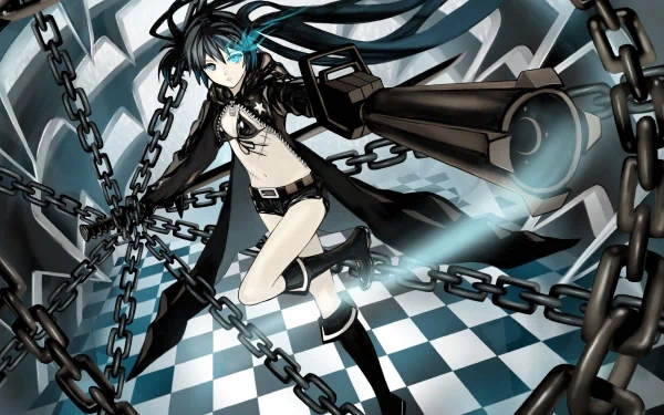 Anime Black Rock Shooter posing with glowing blue eye, flowing coat and giant cannon amid swirling chains over a checkerboard floor — 4K Ultra HD PC desktop wallpaper/background.
