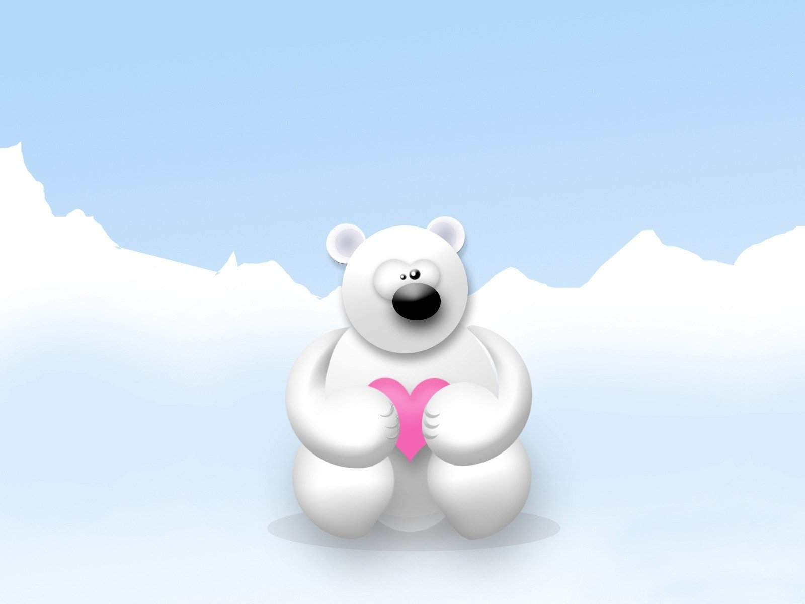 Artistic HD PC desktop wallpaper featuring a cute white bear holding a pink heart against a serene snowy landscape, evoking themes of love and warmth.